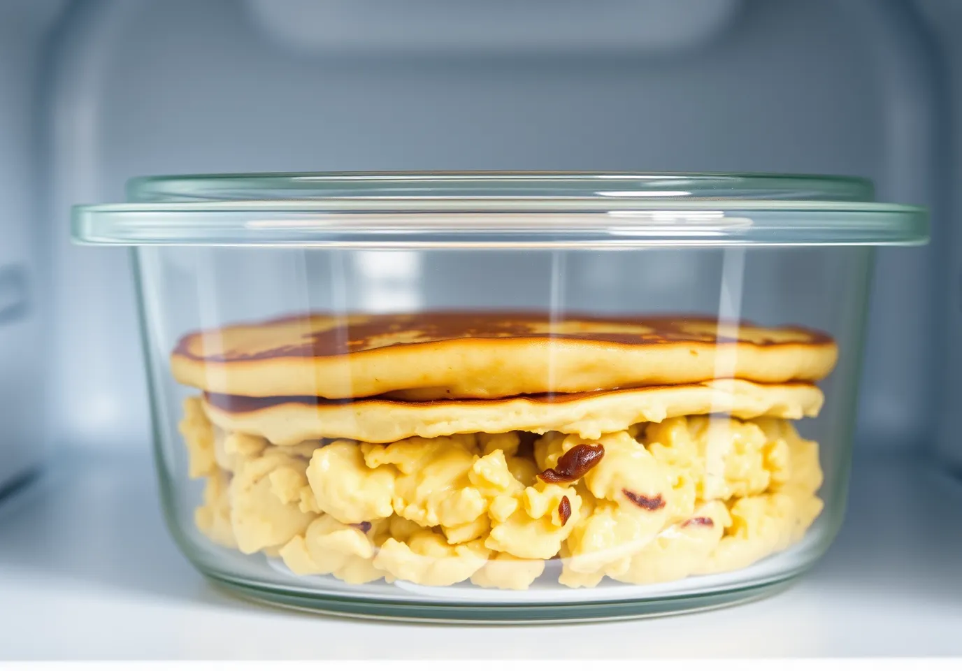 Leftover scrambled pancakes stored in a glass container in the fridge.