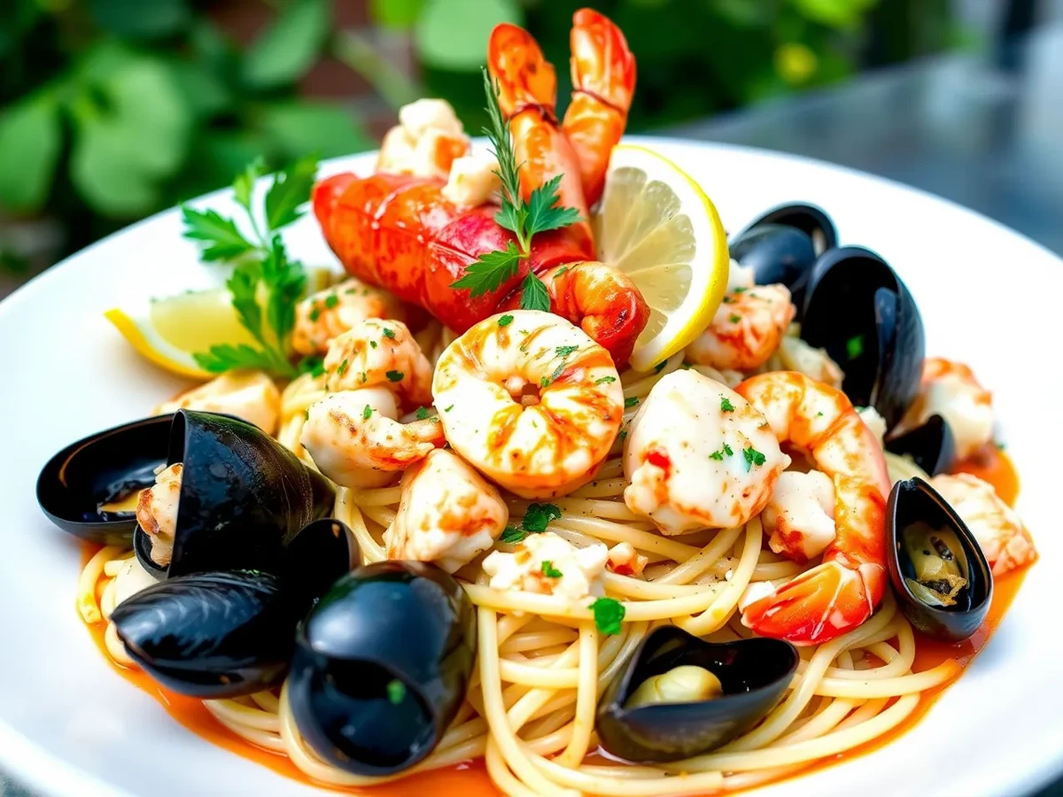 Customized Lobster Pasta with additional seafood: lobster, scallops, shrimp, and mussels on creamy pasta.