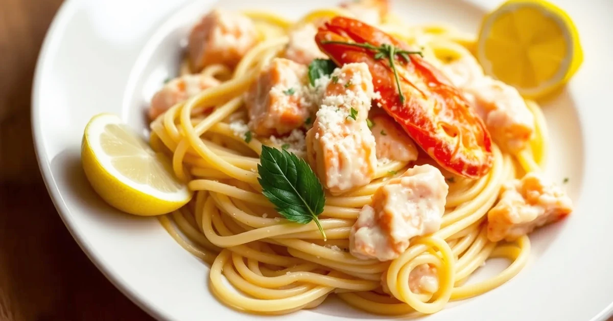 Lobster Pasta served on a white plate with creamy sauce, lobster chunks, herbs, and lemon garnish.