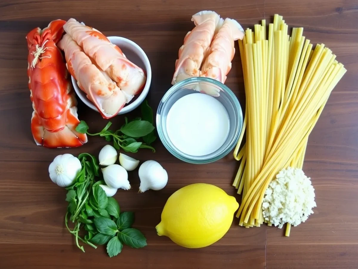 Fresh ingredients for Lobster Pasta: lobster tails, pasta, garlic, herbs, heavy cream, parmesan, and lemon on a wooden surface.