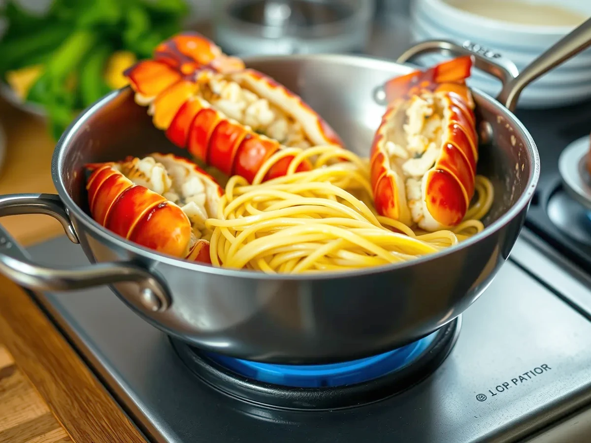 Cooking Lobster Pasta with lobster tails sautéed in garlic and butter, ready to mix with pasta.