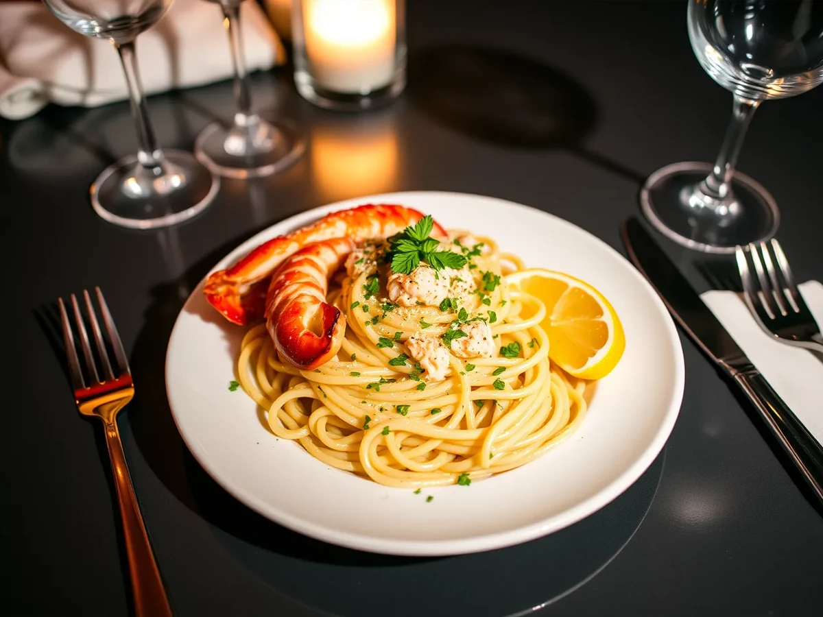 Elegant presentation of Lobster Pasta on a table setting with wine and fresh herbs.