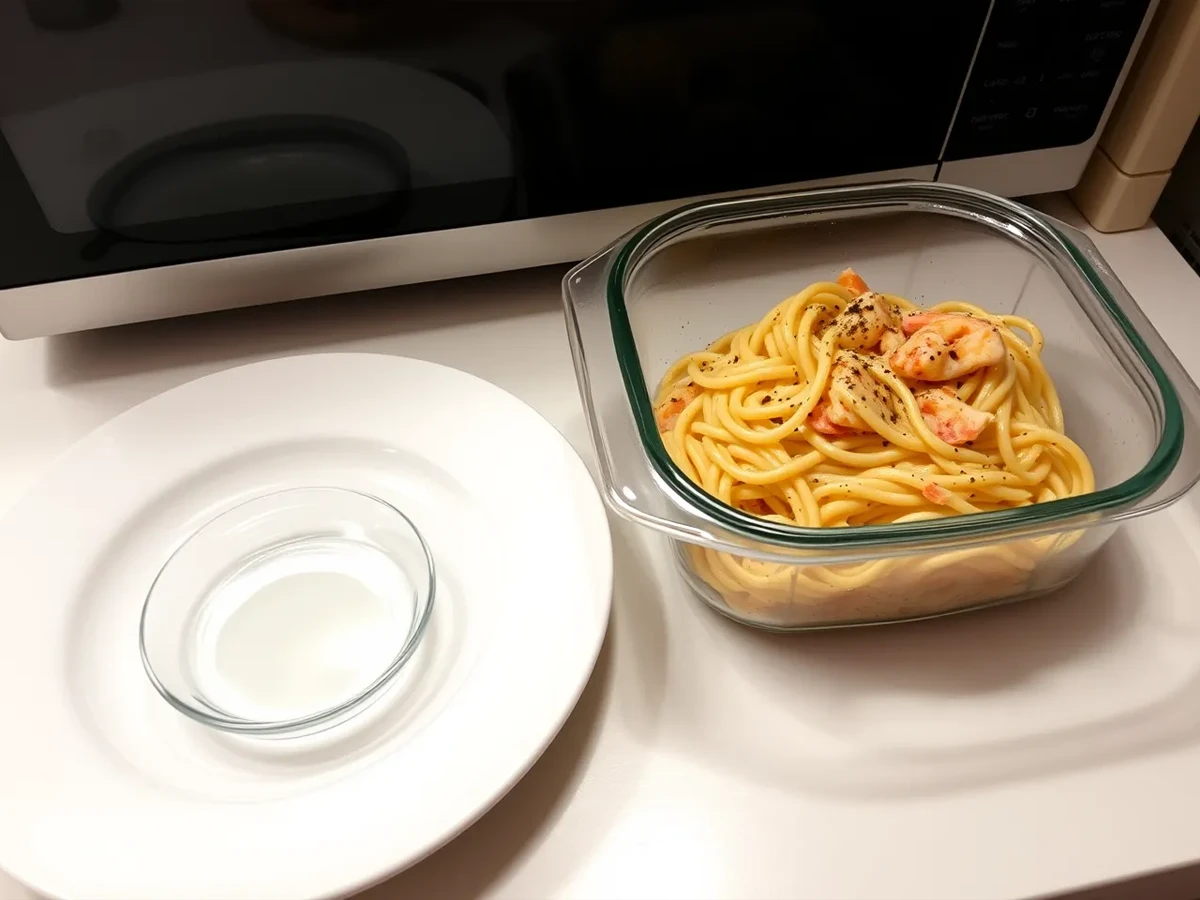 Leftover Lobster Pasta stored in a glass container, with a microwave-safe plate for reheating.