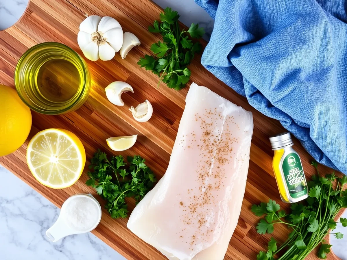 Ingredients for Mahi Mahi recipe, including raw fish fillets, lemon, olive oil, garlic, and fresh herbs on a cutting board.