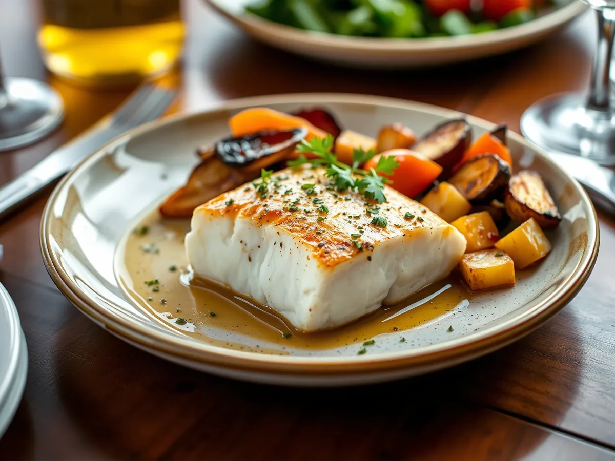 Presented Mahi Mahi dish on a ceramic plate with roasted vegetables, garnished with fresh herbs for an inviting look.