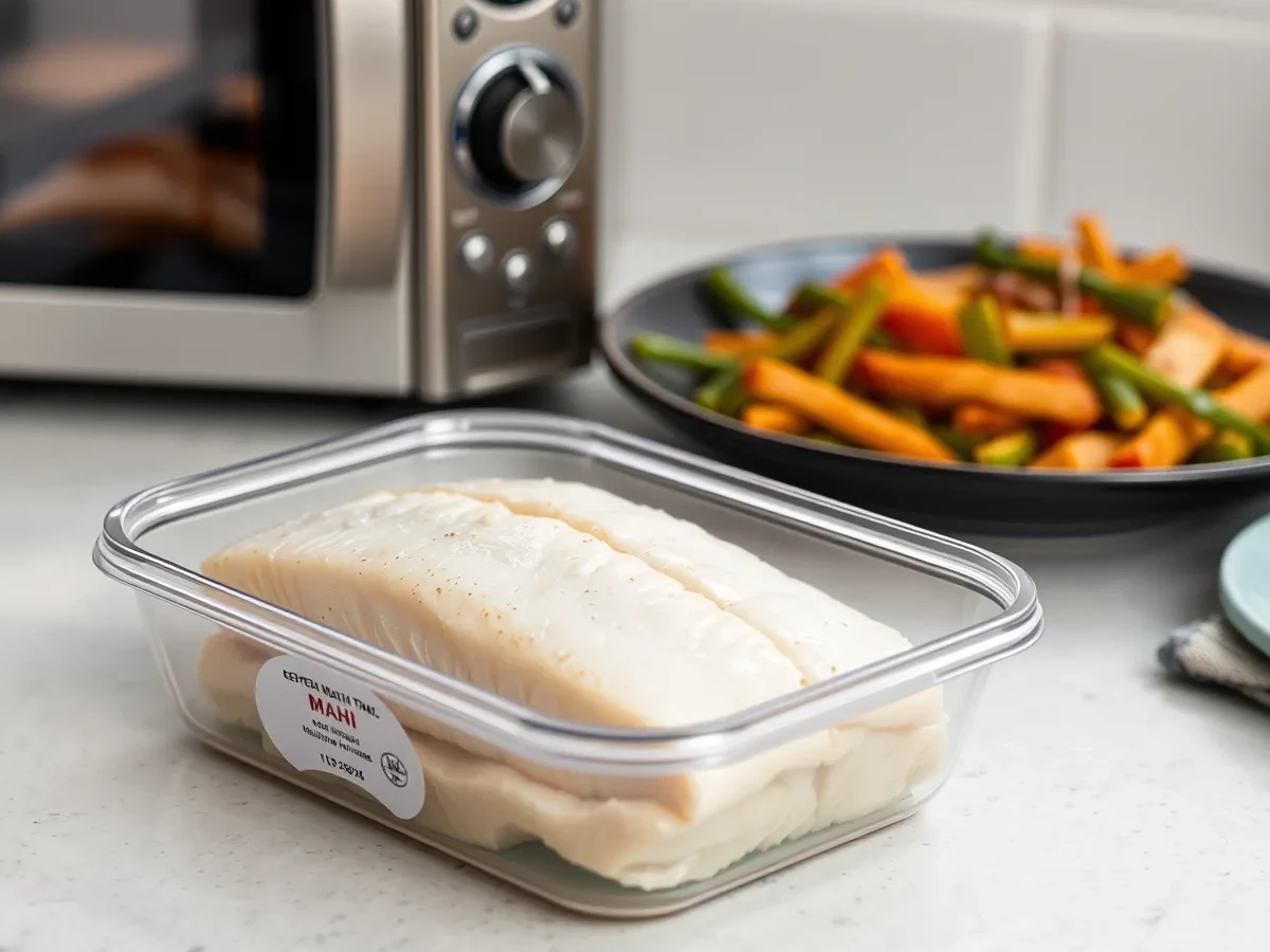 Leftover Mahi Mahi fillet in a container for storage with label.