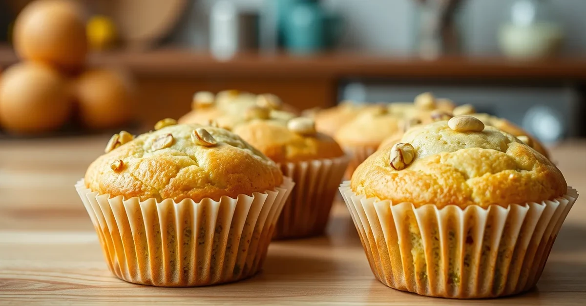 Freshly baked pistachio muffins with visible chopped pistachios on top, showing their fluffy texture and light green color.