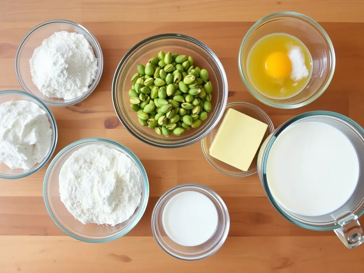 Ingredients for pistachio muffins laid out on a wooden table: pistachios, flour, butter, eggs, milk, and baking powder, arranged in bowls.