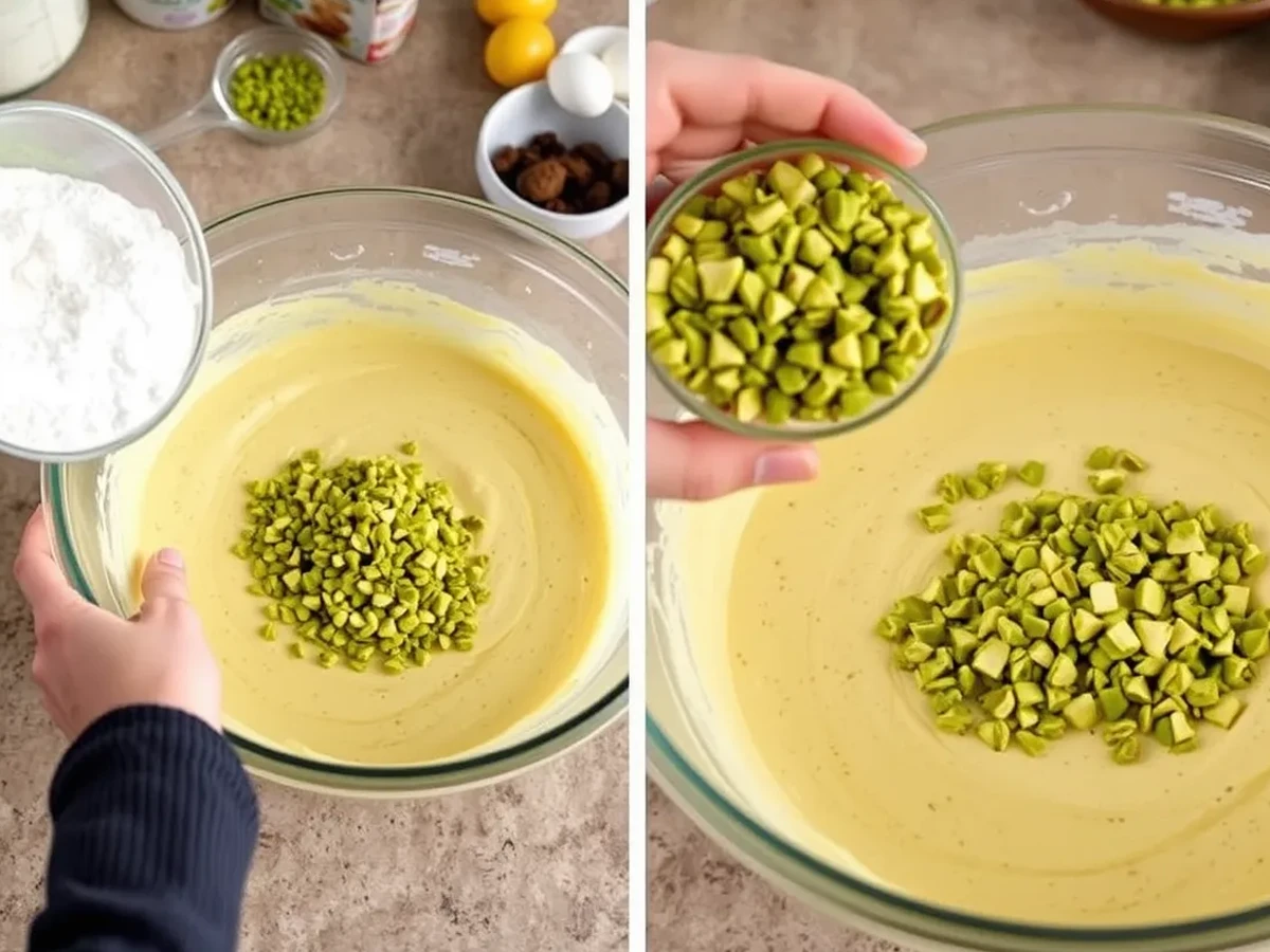 Person preparing pistachio muffin batter, adding chopped pistachios to the bowl with ingredients in the background.