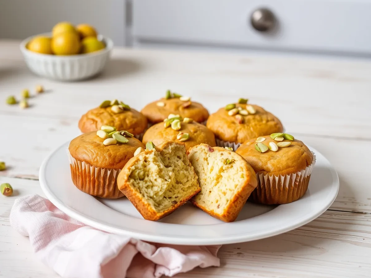 Beautifully plated pistachio muffins, showing their golden-brown crust and soft interior, arranged on a white plate with a rustic kitchen background.