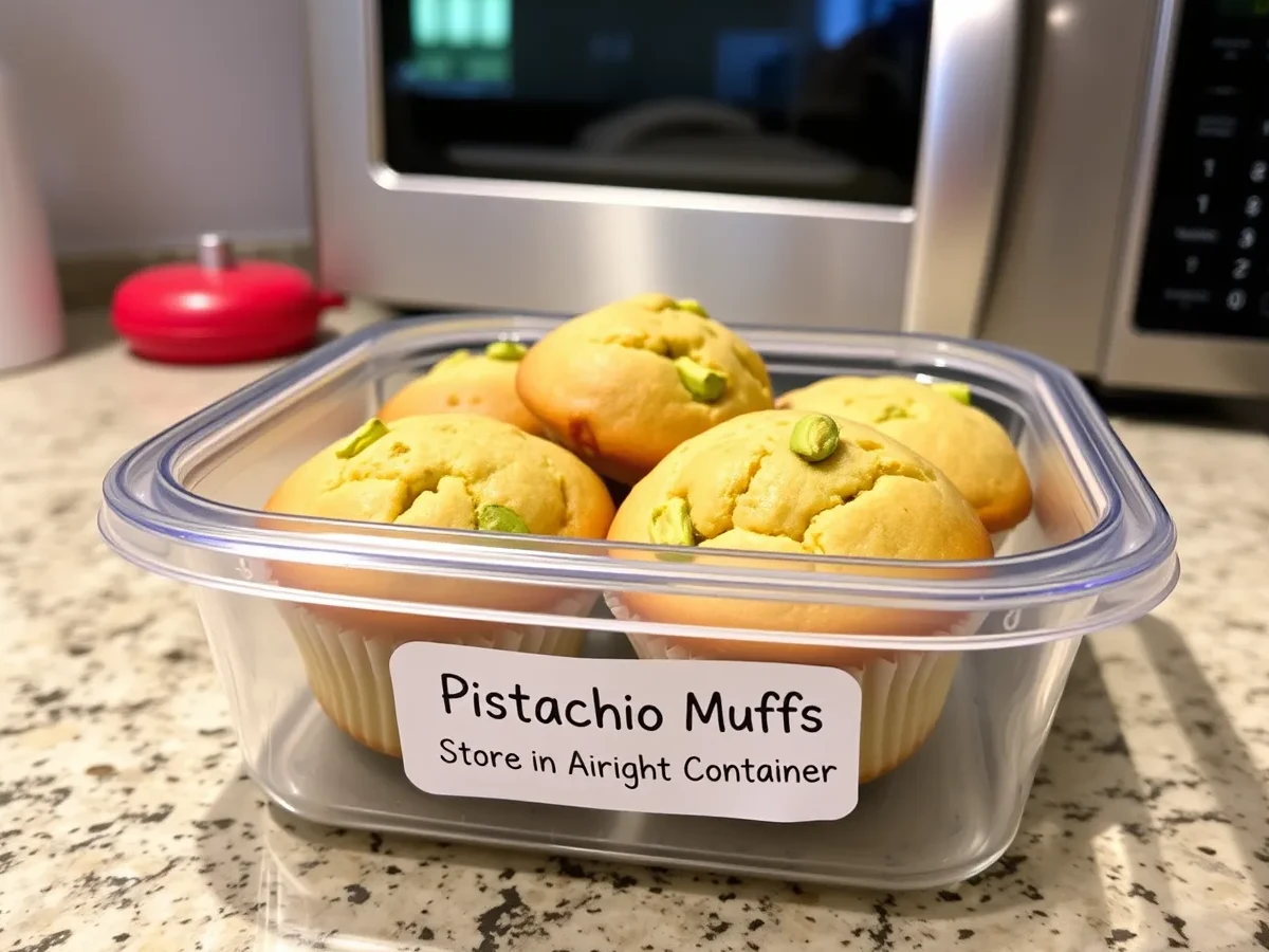 Pistachio muffins stored in an airtight container, with a label for storage and reheating instructions.