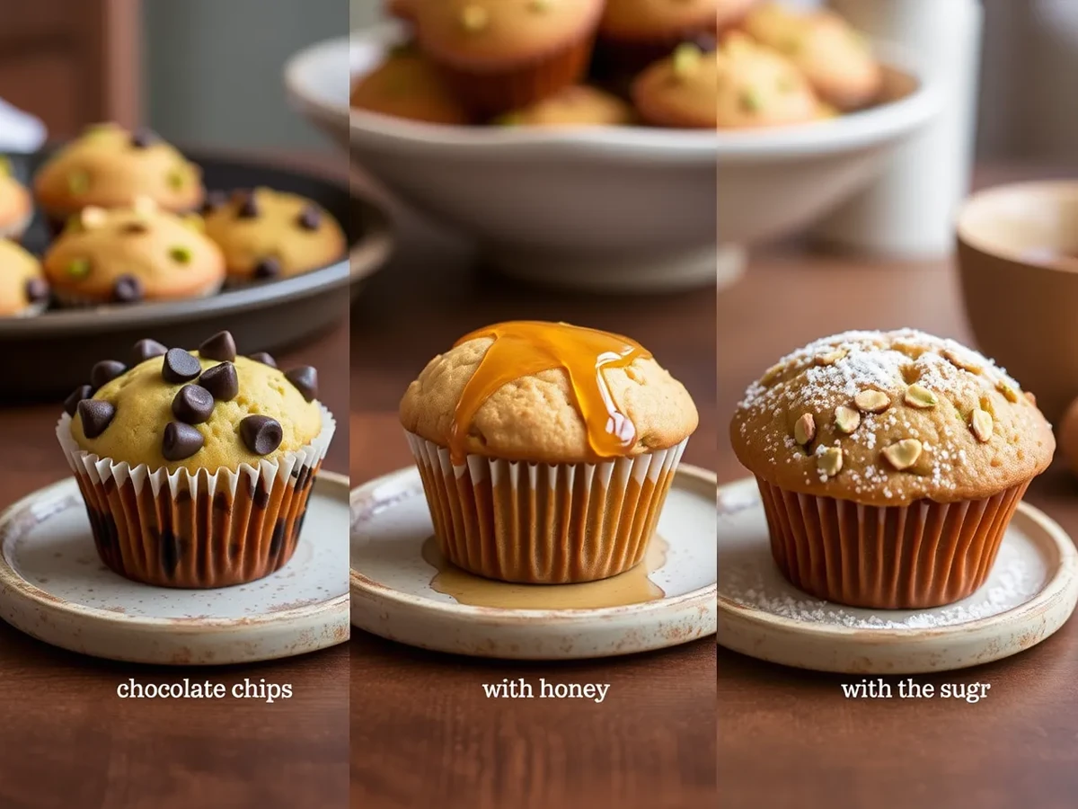 Various pistachio muffin variations with chocolate chips, honey drizzle, and powdered sugar, displayed on rustic plates.