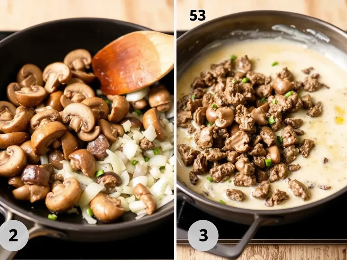 Cooking vegan beef stroganoff: sautéing mushrooms, plant-based beef, onions, and garlic in a skillet, with creamy sauce simmering.