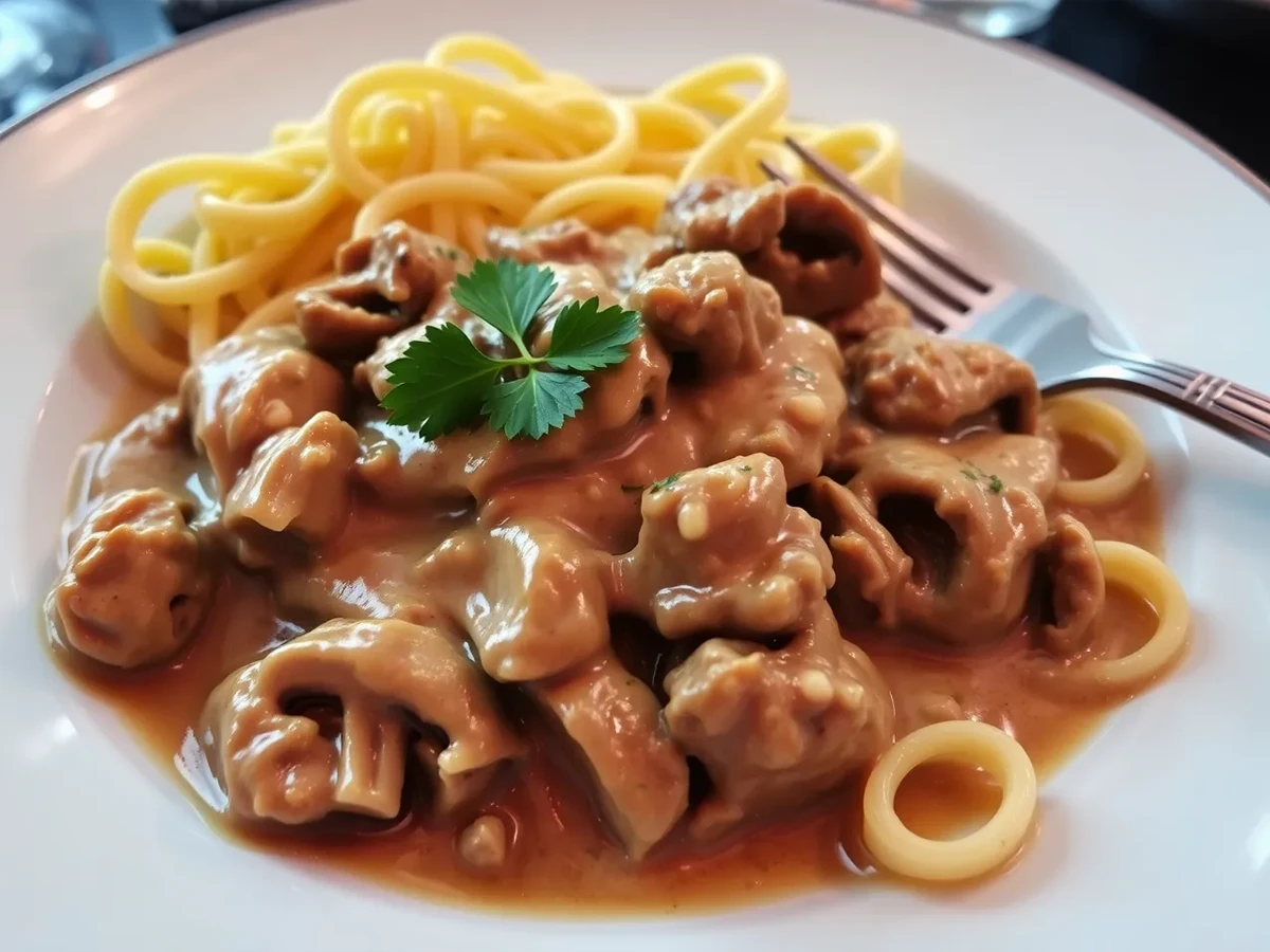 A beautifully presented plate of vegan beef stroganoff with creamy sauce, plant-based beef, mushrooms, and fresh parsley, served with pasta.