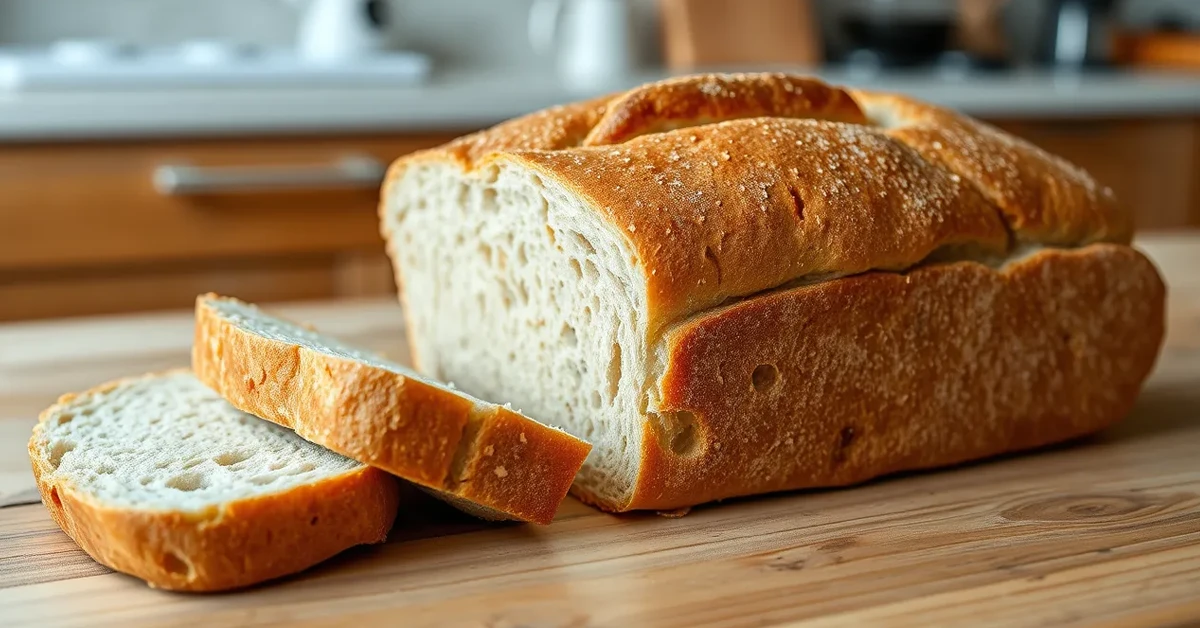 Freshly baked loaf of sandwich bread on a wooden table.