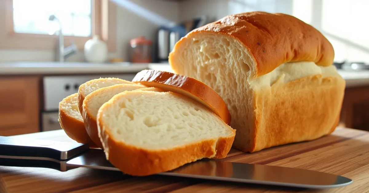 Sliced sandwich bread on a cutting board with a knife.