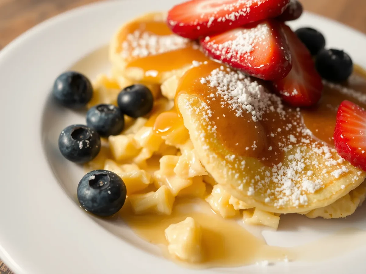 Scrambled pancakes served with fresh berries, syrup, and powdered sugar on a white plate.