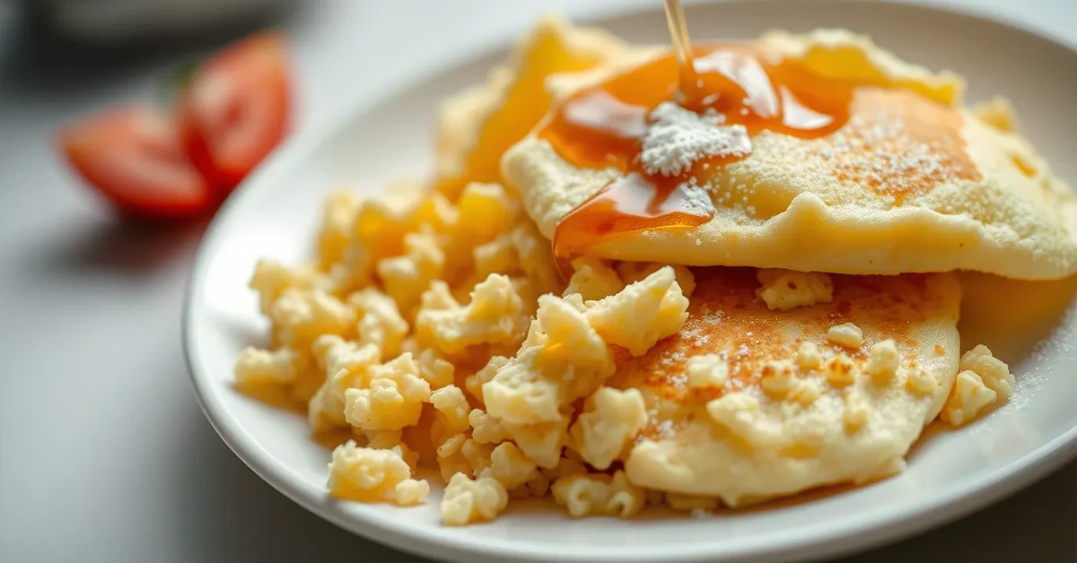 Scrambled pancakes on a white plate with syrup and powdered sugar.