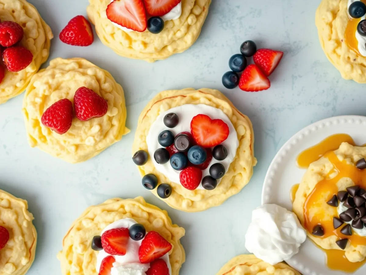 Different variations of scrambled pancakes topped with berries, chocolate chips, and whipped cream.