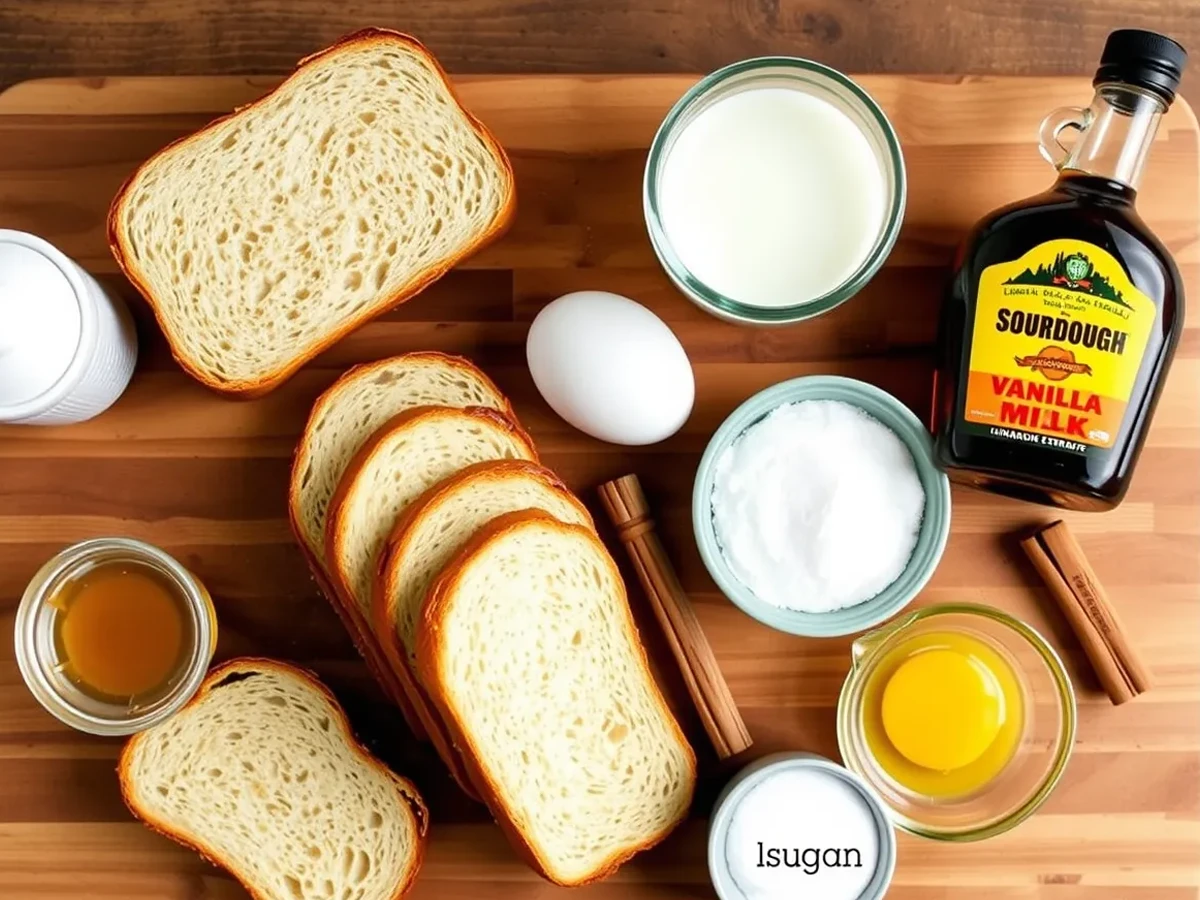 Ingredients for Sourdough French Toast: sourdough bread, eggs, milk, vanilla extract, cinnamon, sugar, and maple syrup.