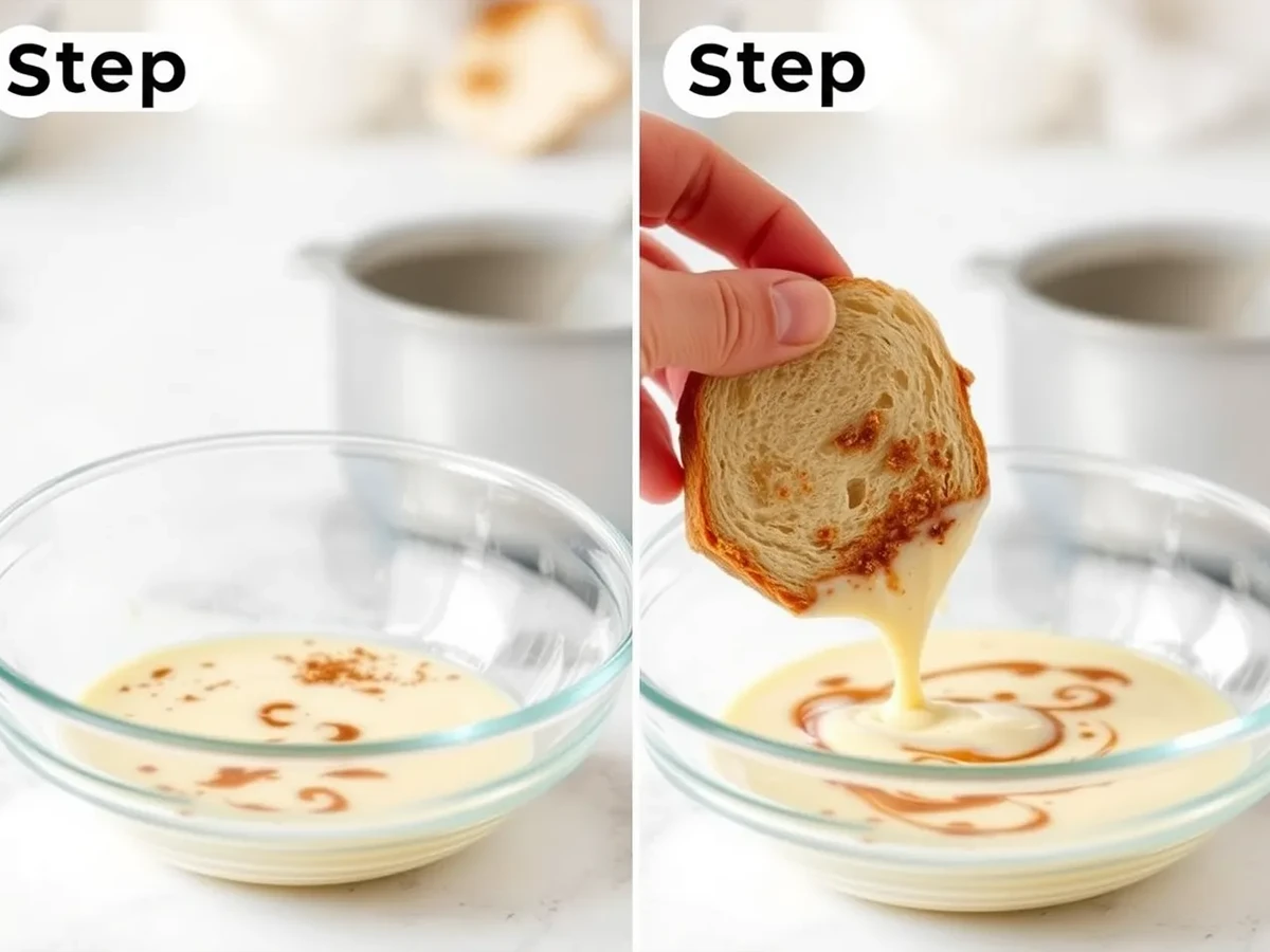 Sourdough bread slices being dipped into a creamy egg mixture with cinnamon and vanilla for French toast.