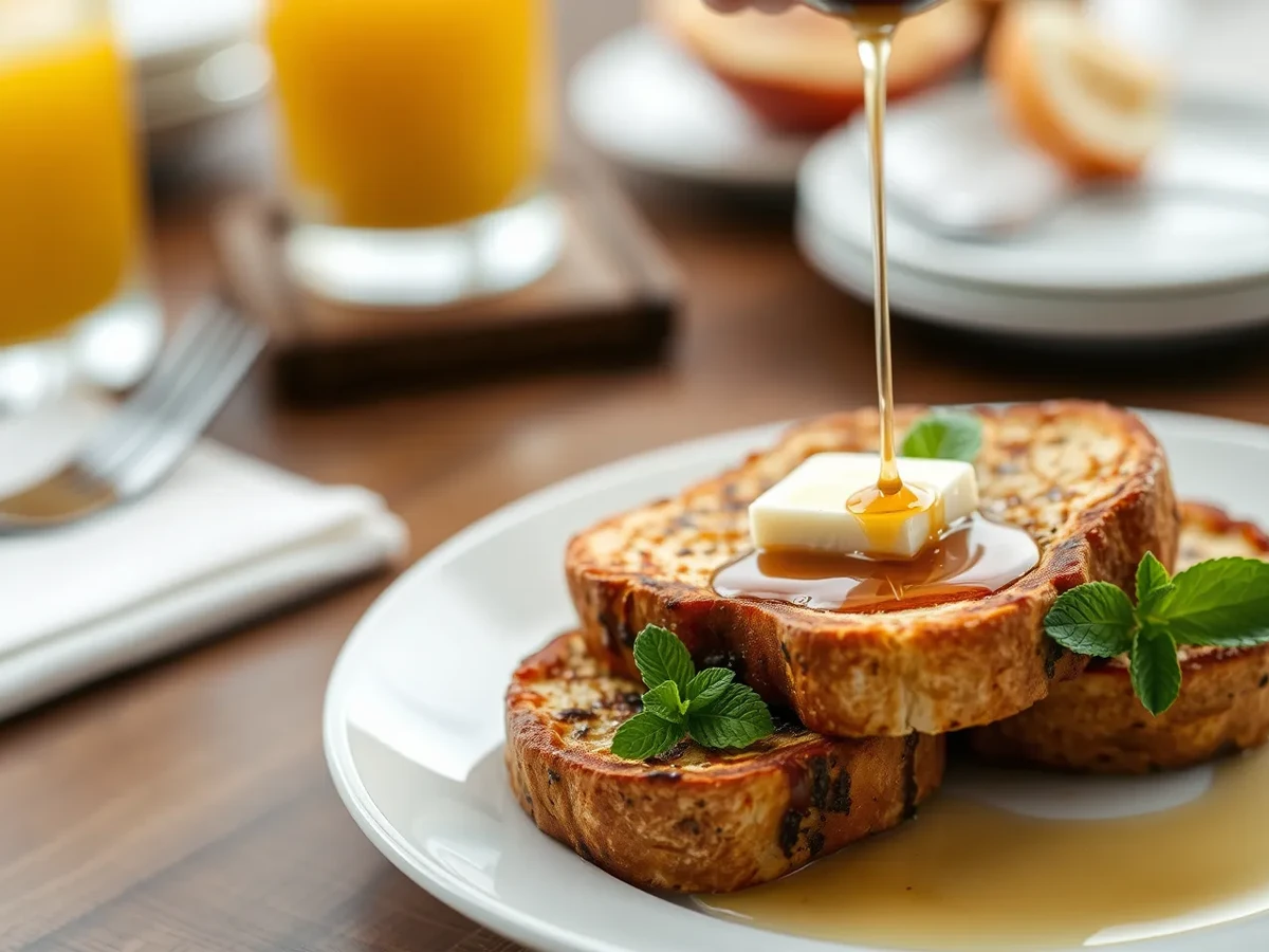 Close-up of Sourdough French Toast served with butter, mint, and maple syrup on a white plate.