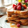 A plate of Sourdough French Toast topped with fresh berries, powdered sugar, and maple syrup.