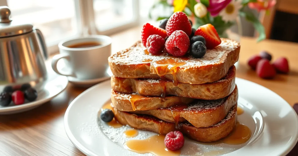 A plate of Sourdough French Toast topped with fresh berries, powdered sugar, and maple syrup.