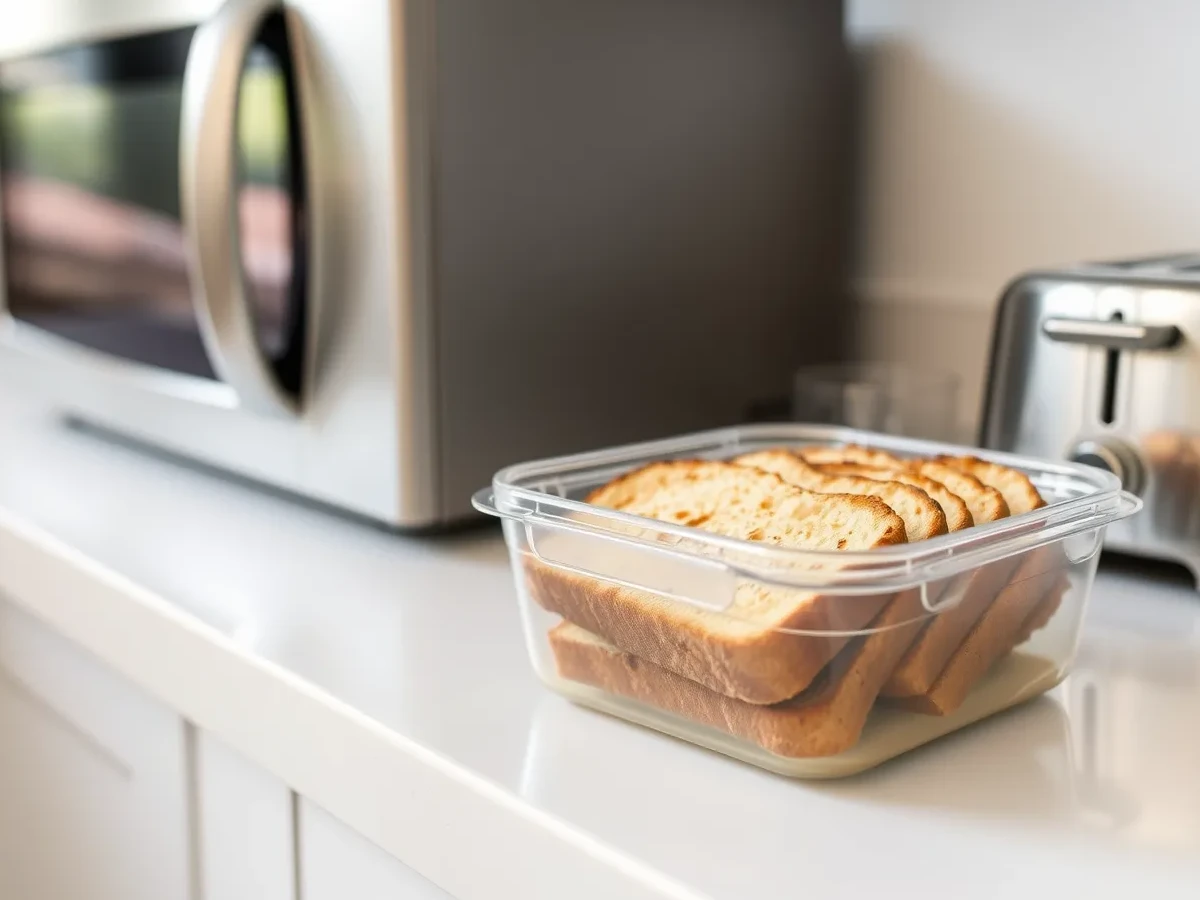 Sourdough French Toast slices stored in an airtight container with reheating instructions nearby.