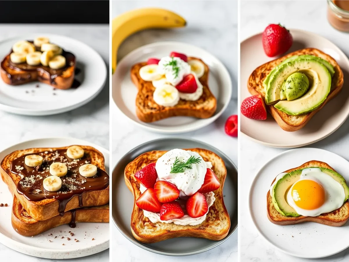 Variations of Sourdough French Toast: sweet with chocolate and bananas, strawberries with whipped cream, and savory with avocado and eggs.