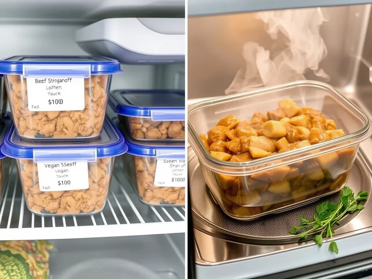 Leftover vegan beef stroganoff stored in containers for refrigeration, with a reheating process in the microwave.