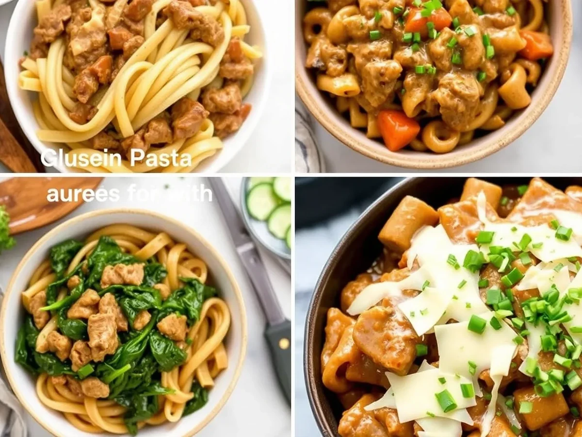 Various vegan beef stroganoff variations: gluten-free pasta, sautéed spinach, and vegan cheese toppings, served in bowls.