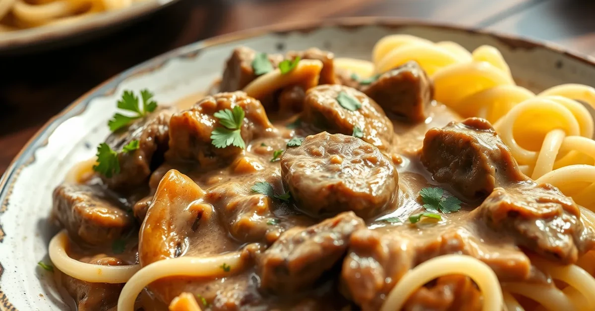 A delicious plate of vegan beef stroganoff featuring plant-based beef slices, creamy sauce, mushrooms, and pasta, garnished with parsley.