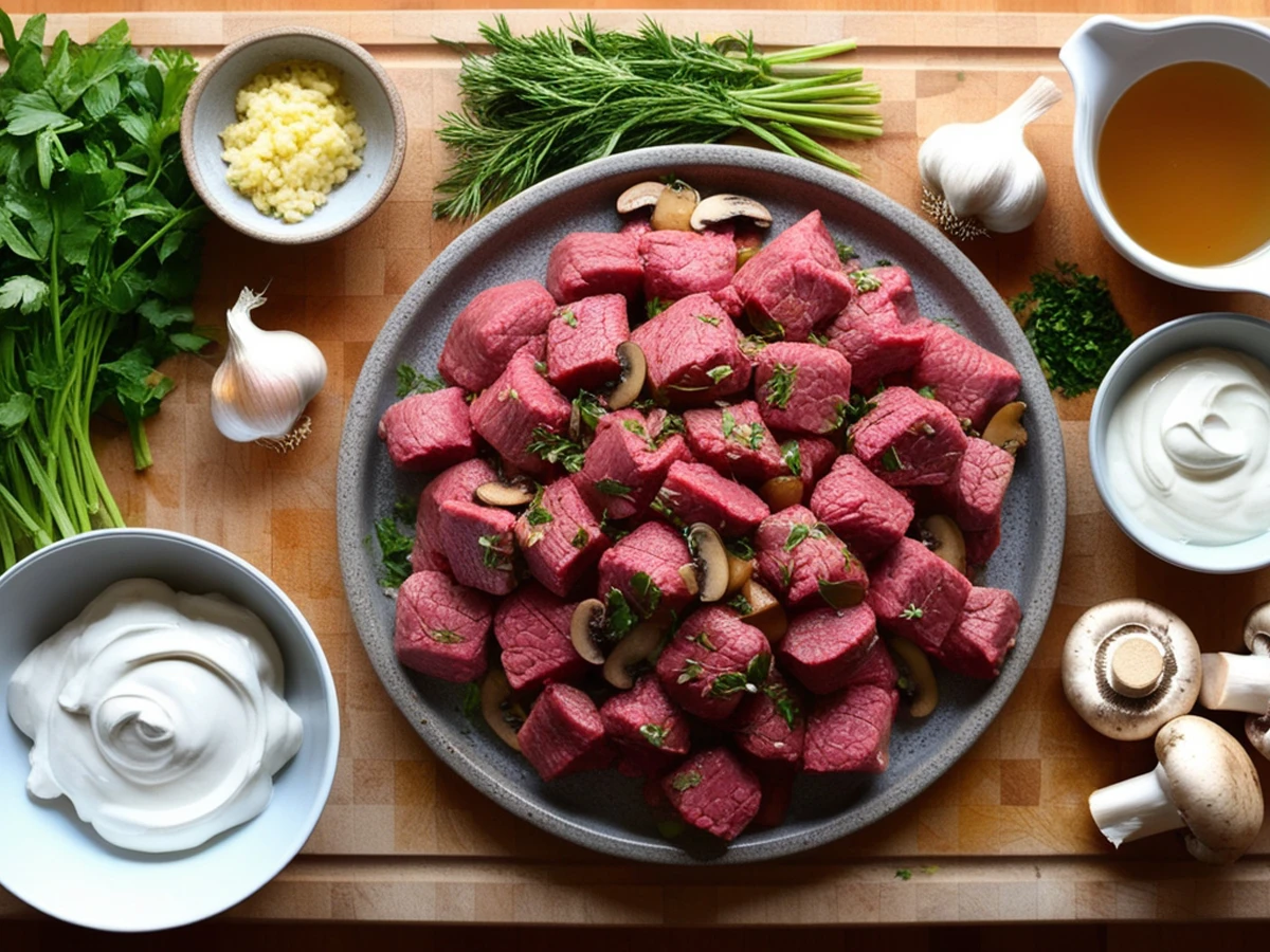 Ingredients for vegan beef stroganoff: plant-based beef, mushrooms, onions, garlic, vegan sour cream, vegetable broth, and herbs, neatly arranged on a cutting board.