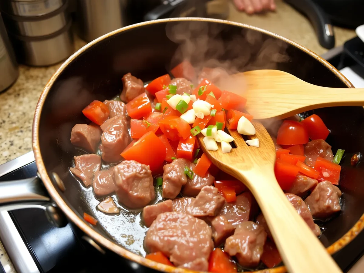 Beef slices being sautéed with garlic, ginger, and fresh tomatoes in a hot skillet for Beef Tomato stir-fry.