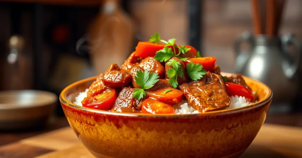 Finished beef tomato stir-fry with tender beef, juicy tomatoes, and a savory sauce served over rice, garnished with cilantro.