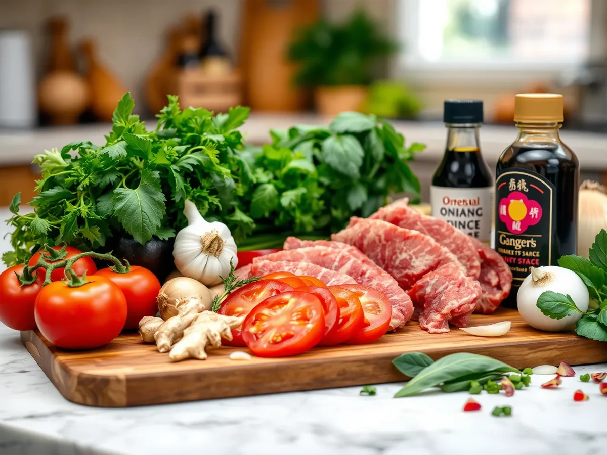 Fresh ingredients for beef tomato stir-fry, including sliced beef, ripe tomatoes, garlic, ginger, soy sauce, and fresh herbs.