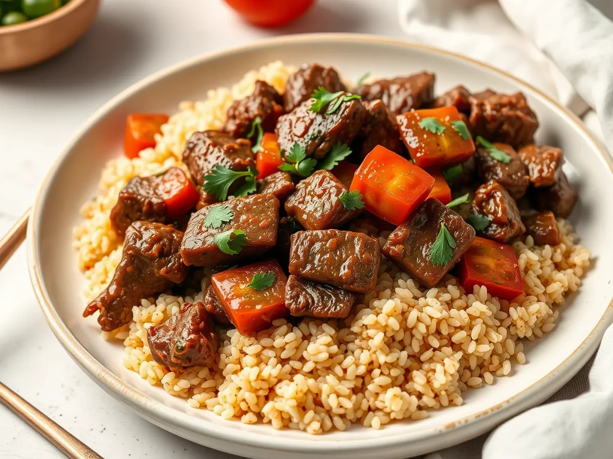 Beef Tomato stir-fry served on quinoa for a healthy, protein-packed alternative to rice.