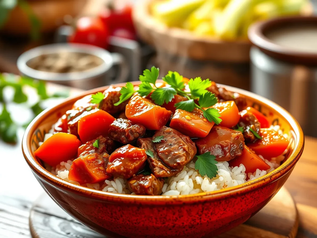 Finished beef tomato stir-fry with tender beef, juicy tomatoes, and a savory sauce served over rice, garnished with cilantro.