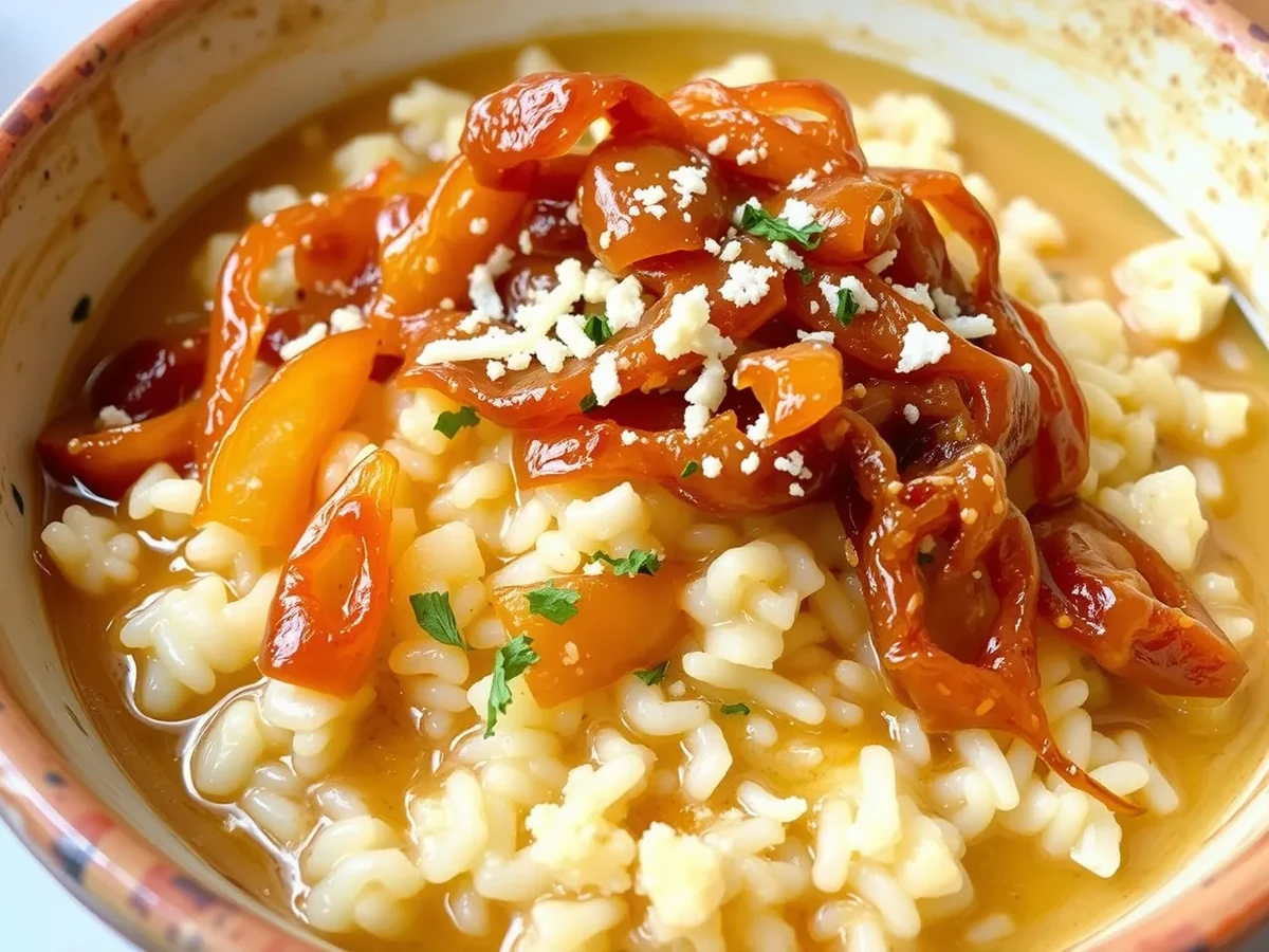 French Onion Soup Rice served in a bowl with melted cheese and caramelized onions on top, showcasing a savory and comforting dish.