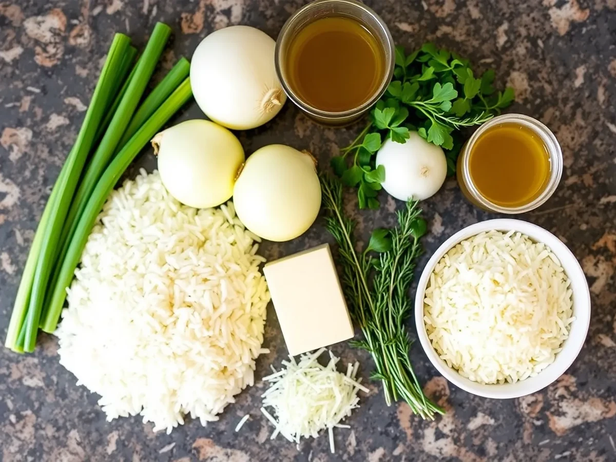 Ingredients for French Onion Soup Rice including onions, rice, vegetable broth, and herbs, arranged on a countertop.