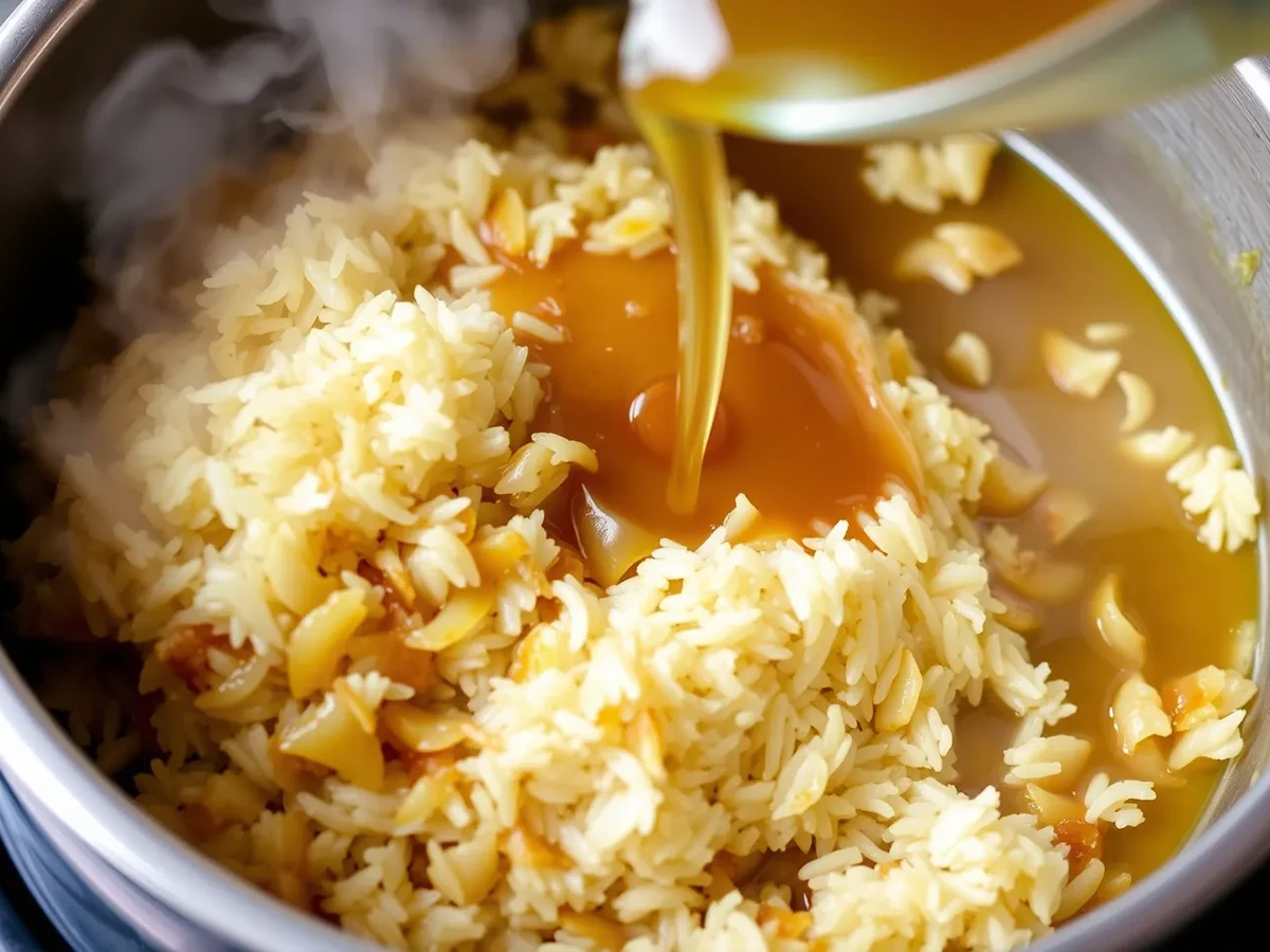 Onions caramelizing in a pan while rice and broth are added for French Onion Soup Rice.