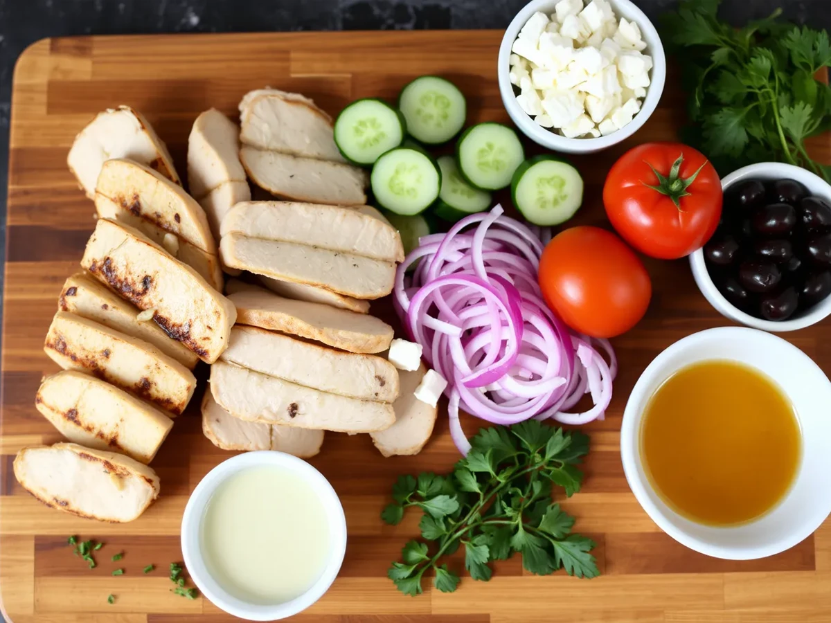 Fresh ingredients for Greek Chicken Salad including grilled chicken, cucumbers, tomatoes, Kalamata olives, feta cheese, and Greek dressing arranged on a cutting board.