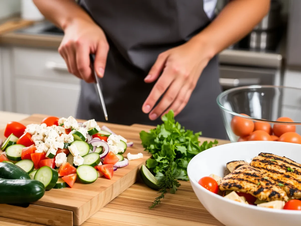 Preparing Greek Chicken Salad by chopping vegetables and preparing grilled chicken in a modern kitchen.