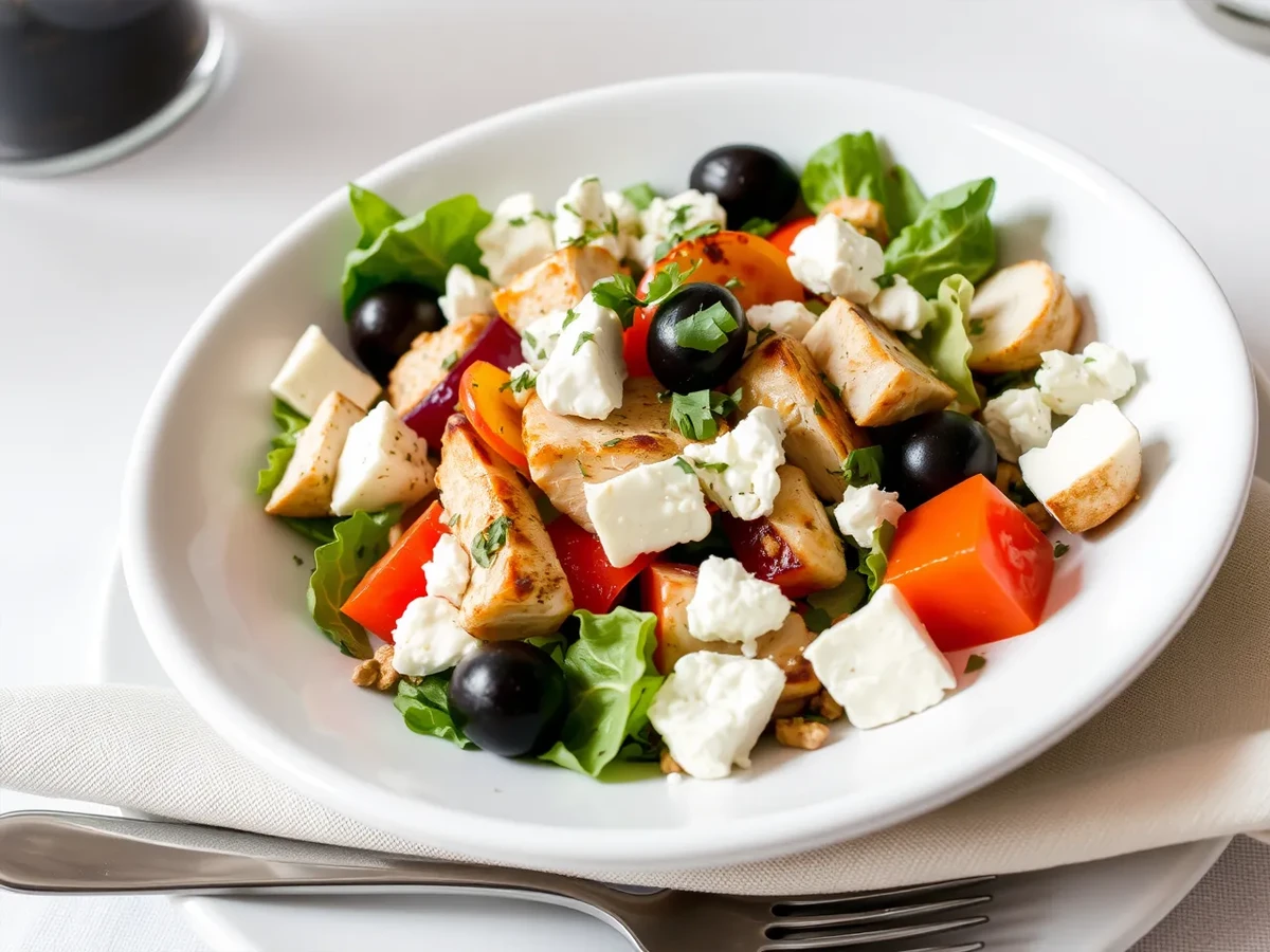 Greek Chicken Salad presented elegantly with grilled chicken, vegetables, feta cheese, and olives on a clean white plate.