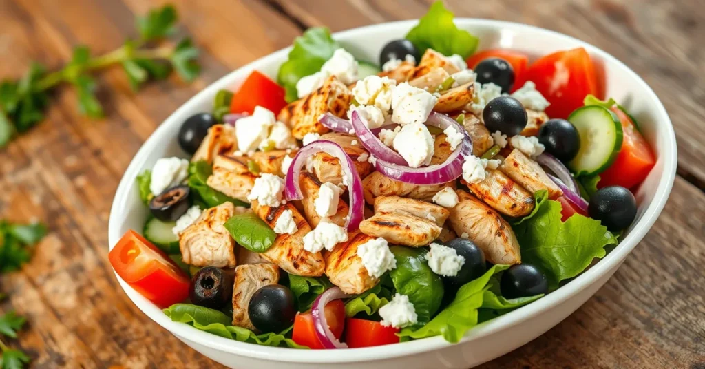 A vibrant Greek Chicken Salad with grilled chicken, fresh vegetables, and feta cheese served in a white bowl on a rustic wooden table.