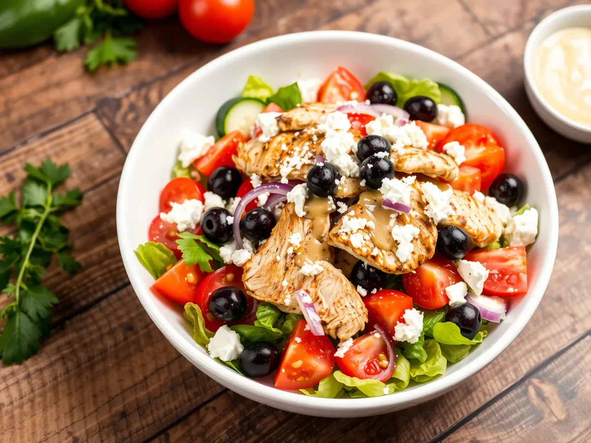 A vibrant Greek Chicken Salad with grilled chicken, fresh vegetables, and feta cheese served in a white bowl on a rustic wooden table.