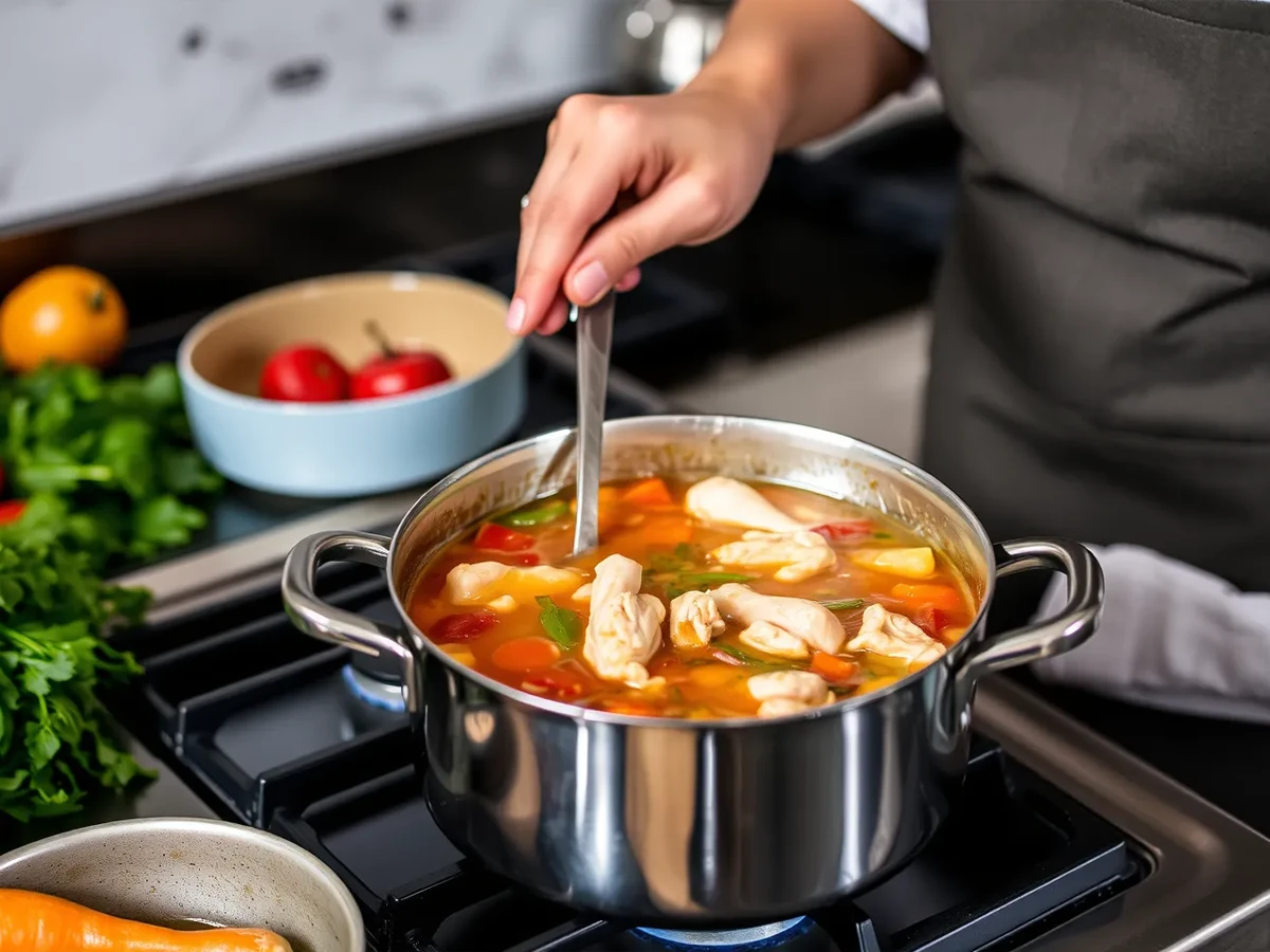 Cooking Tuscan Chicken Soup on the stove with chicken, vegetables, and broth simmering together in a pot.