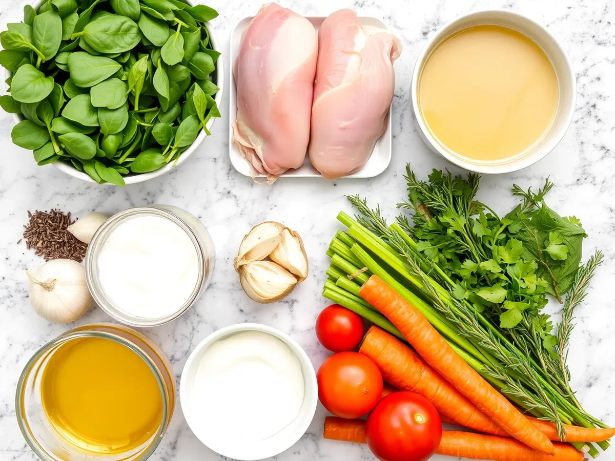 Fresh ingredients for Tuscan Chicken Soup including chicken, spinach, garlic, onions, carrots, celery, tomatoes, and herbs.