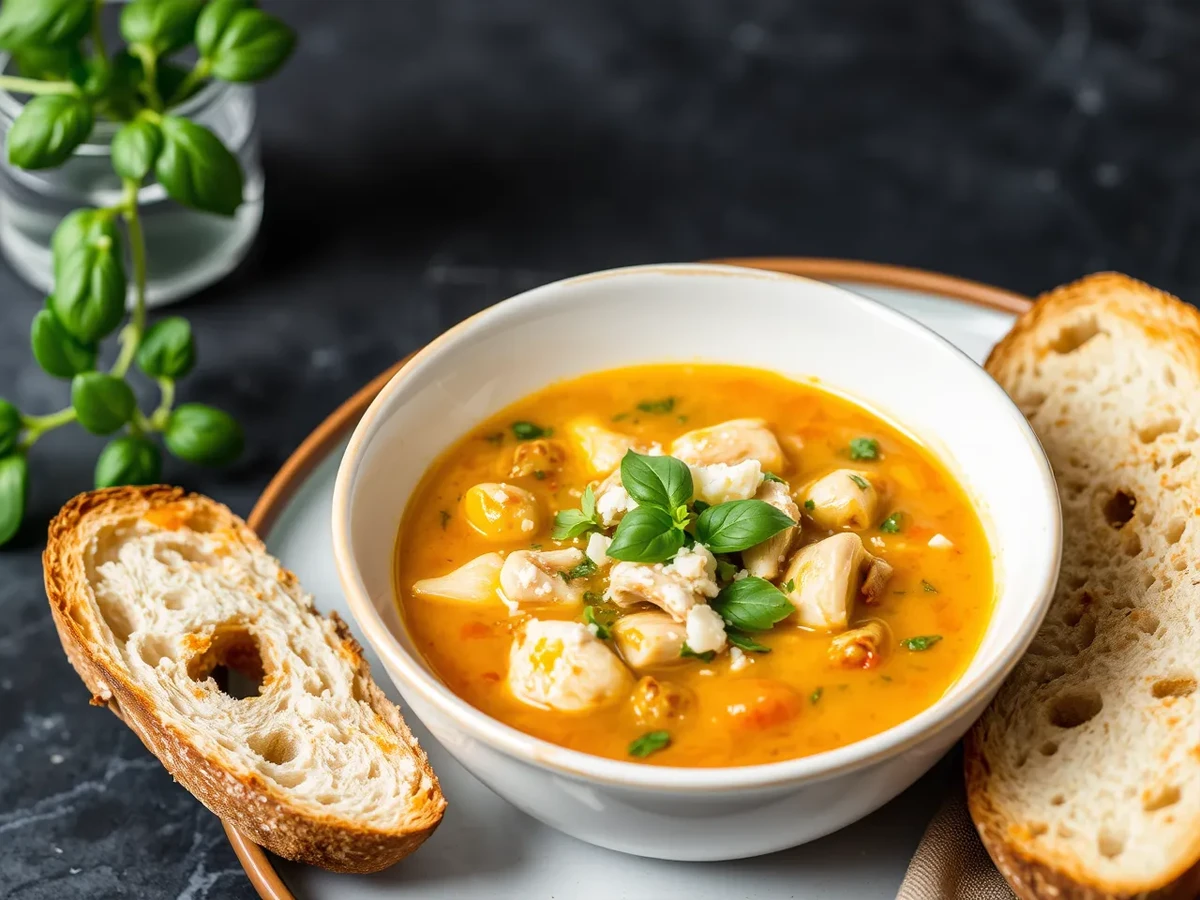 Plated bowl of Tuscan Chicken Soup with bread and a garnish of basil and Parmesan cheese.